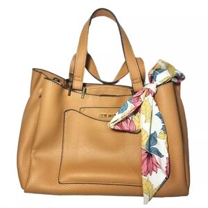 Steve Madden Satchel 2 Piece Bag Set With Bow EUC Tan  Pebbled Faux Leather EUC